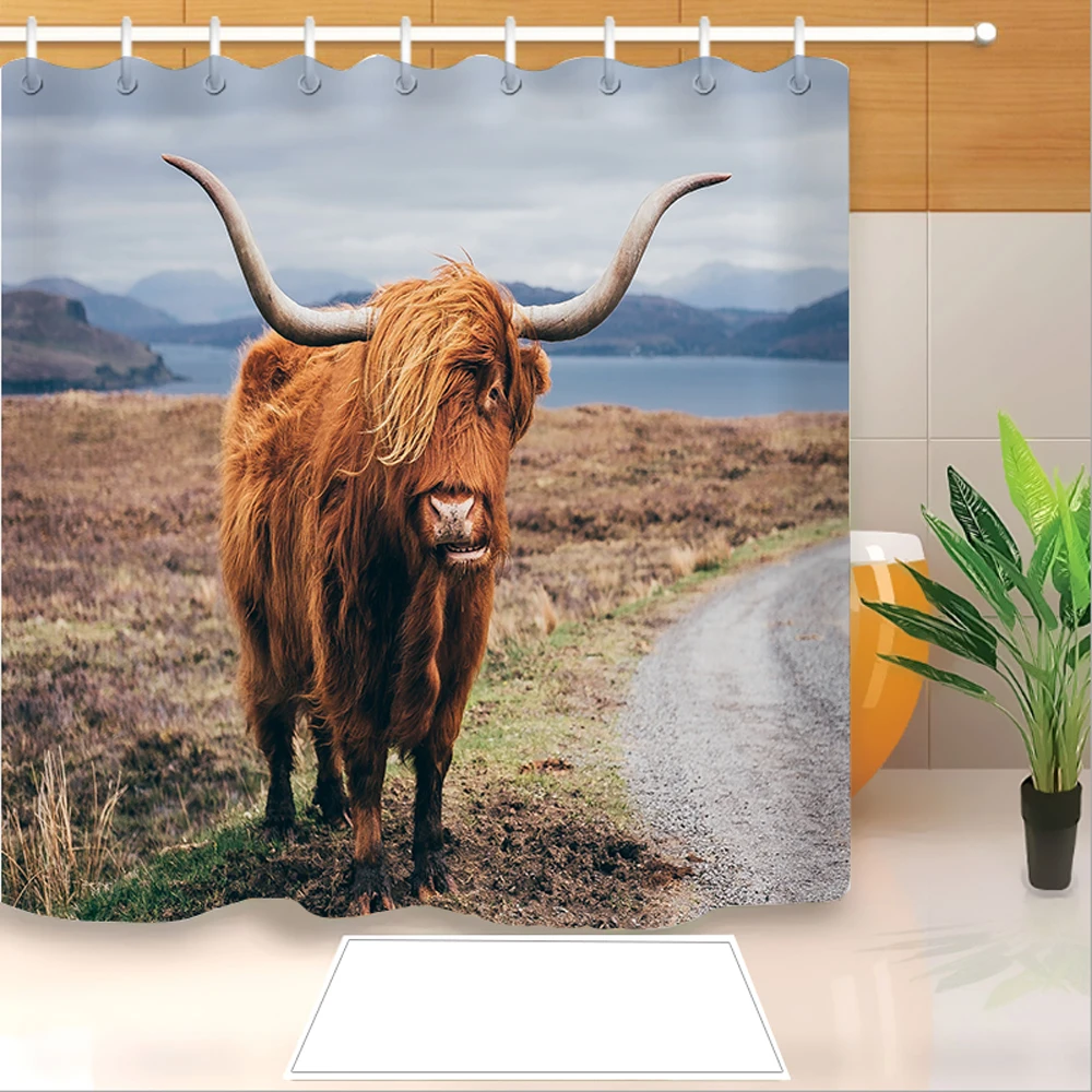 Highland Cow 3D Print Shower Curtain Polyester Fabric Bathroom Waterproof Hook Bath 02 | Дом и сад