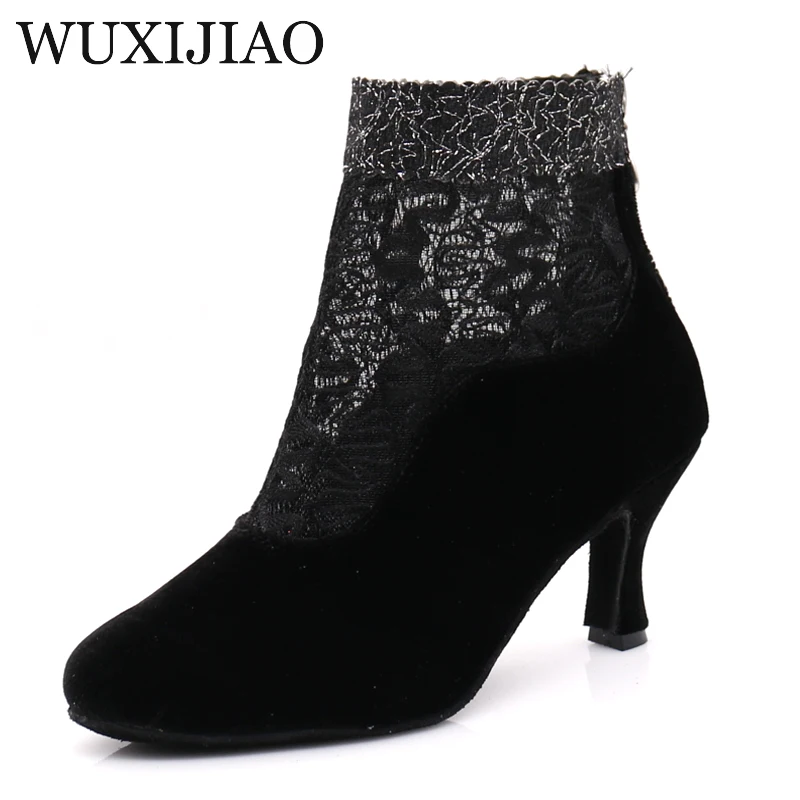 

WUXIJIAO Women's Ballroom Latin Dance Shoes Black Suede Net Flash Salsa Tango Bachata Dance Shoes Satin Heel 7.5cm