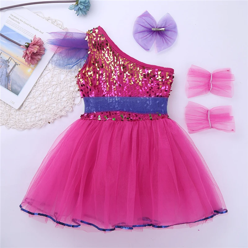 Платье YiZYiF для девочек с блестками, сетка, джаз, современная танцевальная одежда, блестящее платье на одно плечо, заколка для волос, браслет, ... от AliExpress WW