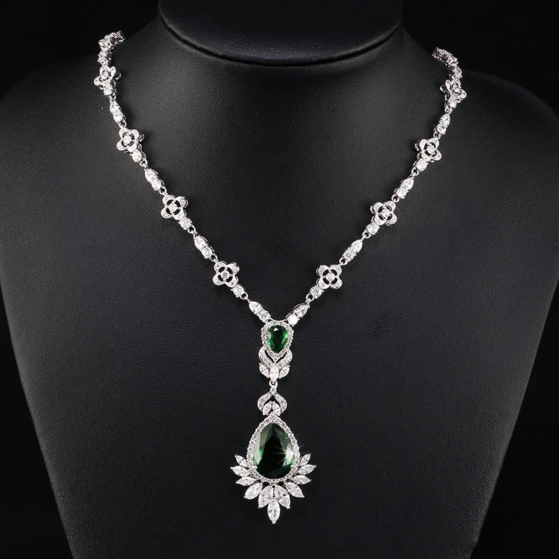 Green Necklace RAKOL элегантный роскошный большой голубой цвет воды Dorp кулон серьги ожерелье Изысканный кристалл набор украшений для женщин RAS2014K - Окраска металла: Green Necklace