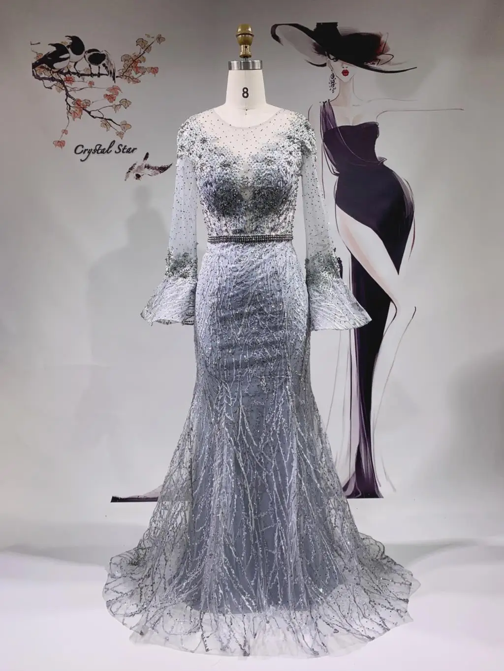

Dubai Women Luxury Long Elegant Evening Dresses 2021 Crystal Mermaid Evening Gowns For Party HO1093