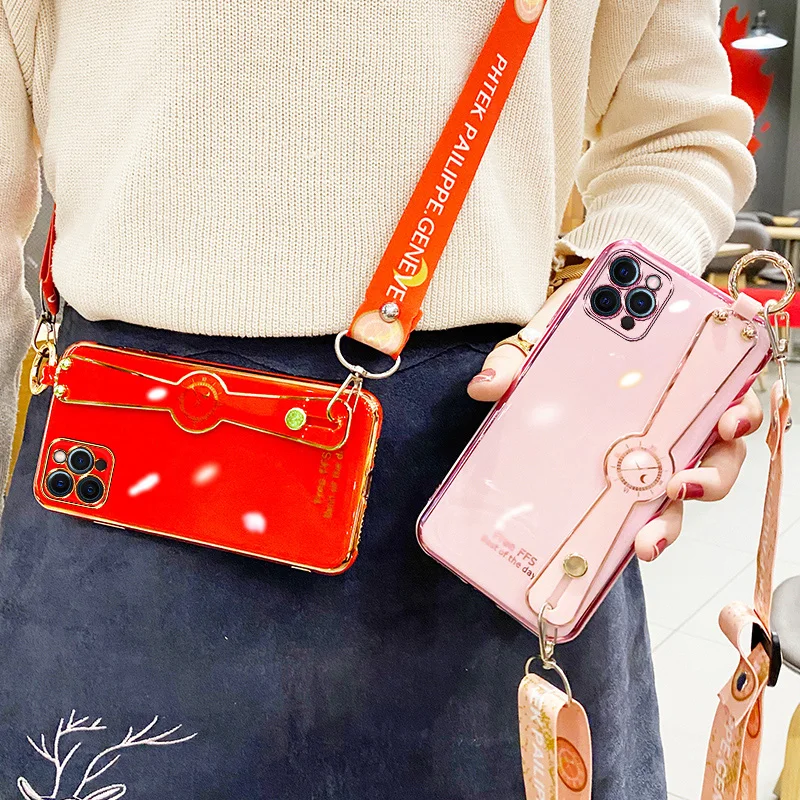 

6D Plating Wrist Strap Case for IPhone 11 Soft TPU Cover with Strap for IPhone 12 11 Pro X Xs Max XR 7 8 6 6s Plus SE 2020 Cases