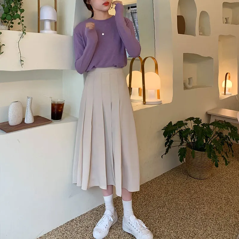

3 colors 2019 Autumn Female long Skirts Women High Waist long pleated Skirt solid color a line vintage skirt womens