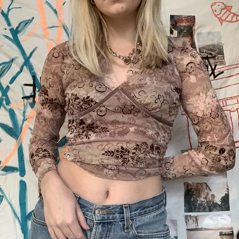 

Vinatage Brown Mesh Tops Floral Print Cute New Woman Tshirts Fairy Grunge Aesthetic V Neck Long Sleeve E Girl Tee Shirt