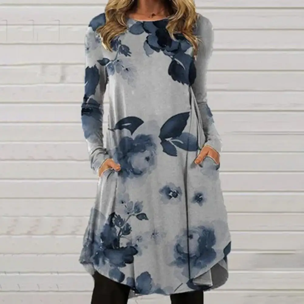 

dress for new year 2022 Women Dress Printed Irregular Hem Autumn Winter Pockets Crew Neck Dress For Office Women's dress