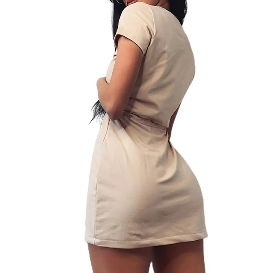

Womens Casual Short-sleeved Dress Personality Solid Color V-neck Drawstring Split Short Dress