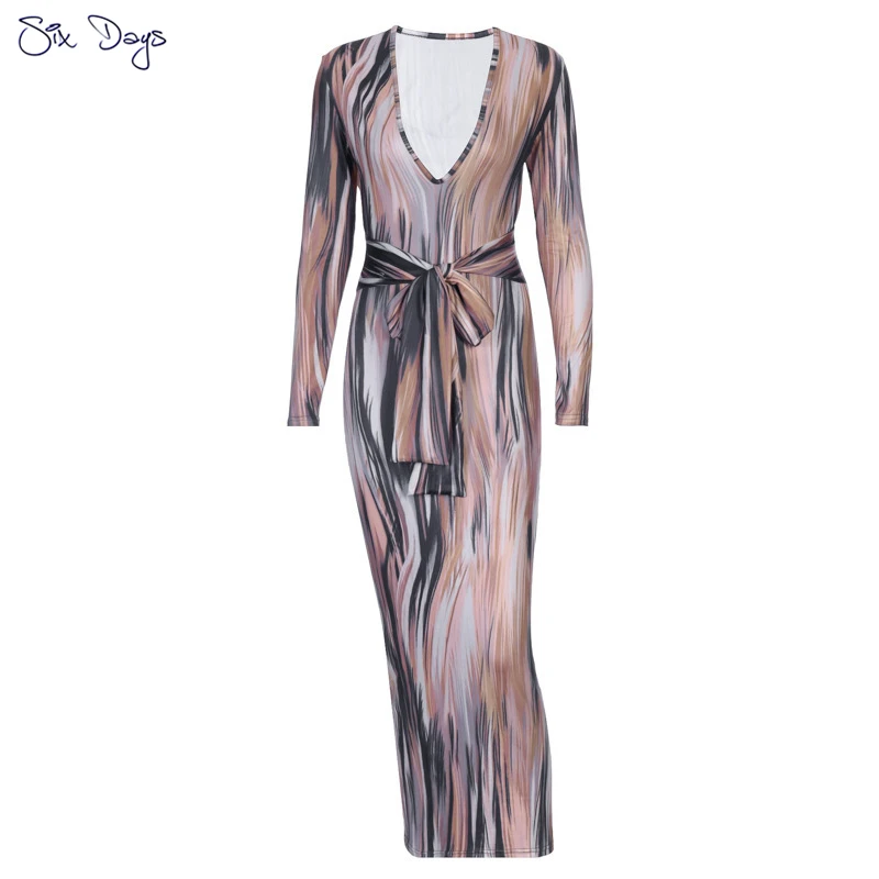 

Sexy V Neck Sring Women Sheath Printed Long Dress Slim Long Sleeve Dress Girl Summer Party Lady Mujer Vestidos Lace Up