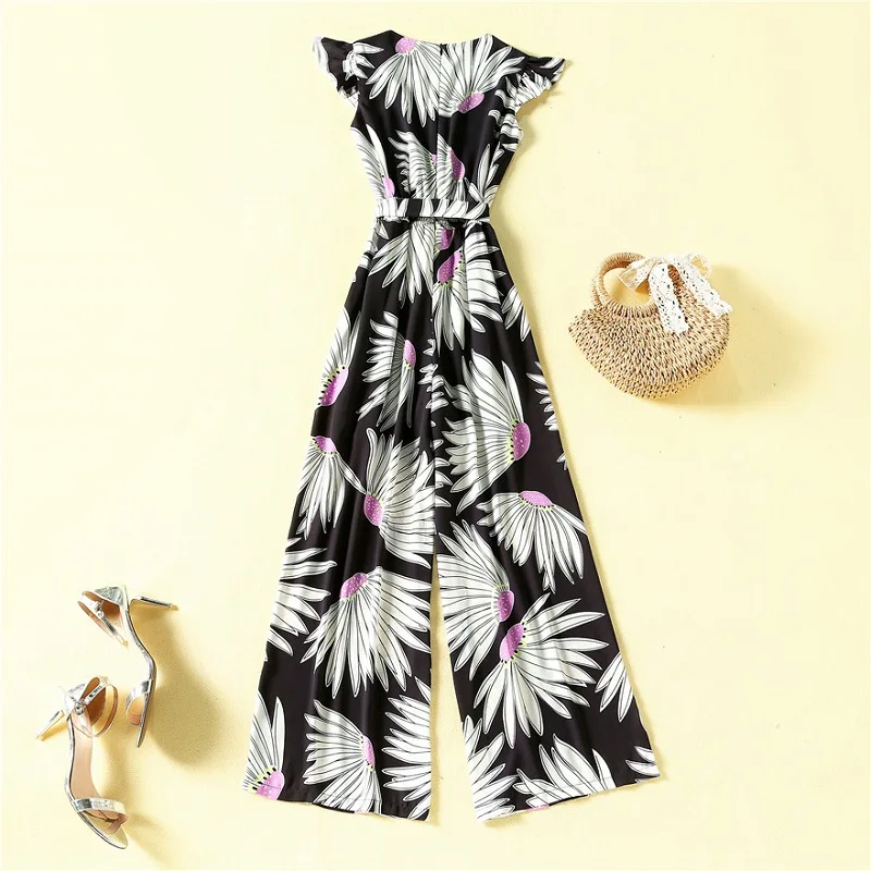 

Женский комбинезон без рукавов, повседневный Длинный комбинезон с V-образным вырезом, с принтом, весна-лето 2021