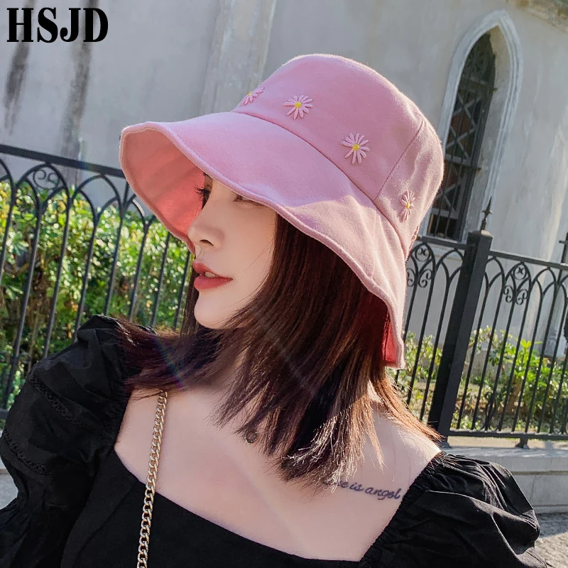 Flower Embroidery Cotton Bucket Hats Women Summer Sun Hat Fisherman Cap Wide Brim Foldable Outdoor Travel Female Hiking Bonnet