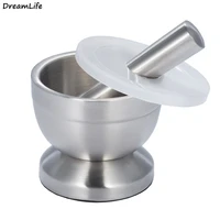 stainless steel mortar pestle pugging pot garlic spice grinder pharmacy herbs bowl mill grinder crusher kitchen gadget with lid