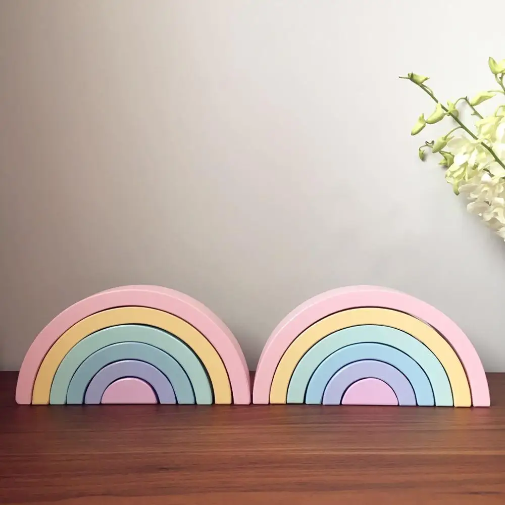 6pcs Большие 12 шт./компл. детские деревянные загадки строительные Сосновые Деревянные блоки Радужный укладчик обучающая игрушка декор комнаты - Цвет: 6pcs
