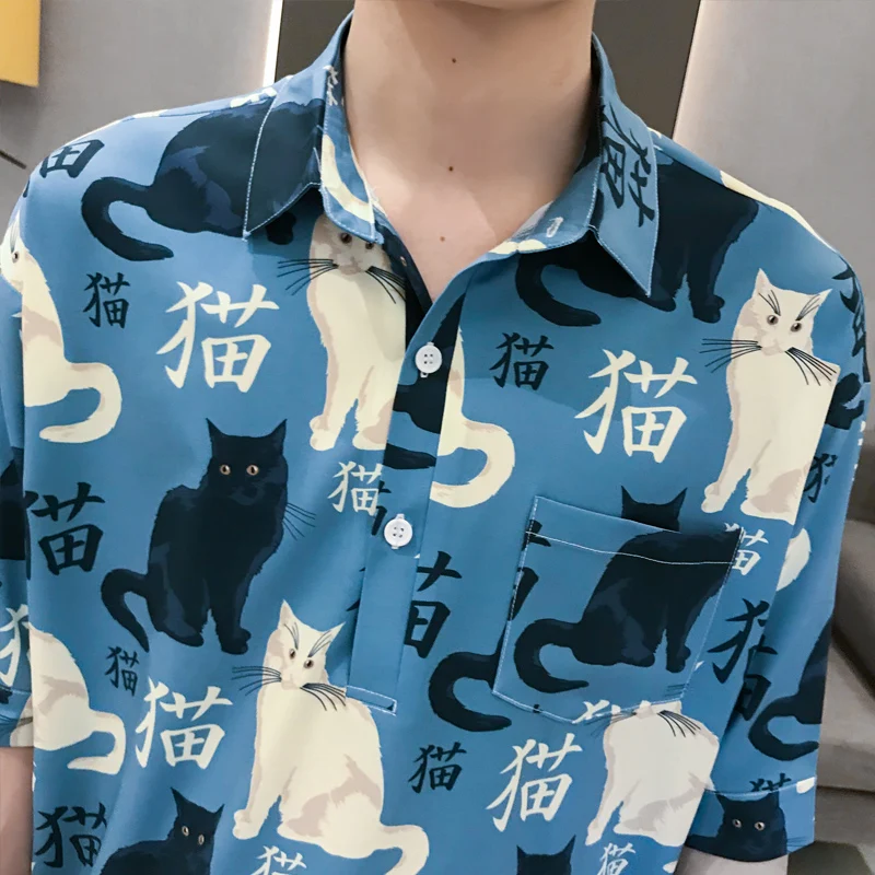 

Manche Homme Chemise Court Social Style Cat Printing Men Short Sleeve Shirt Five Stripe Middle Loose Blouse Camisa Flores Hombre