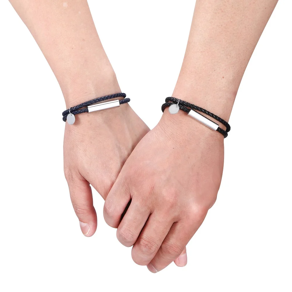 Двухслойный темно синий кожаный браслет модный для пары и с веревкой на цепочке