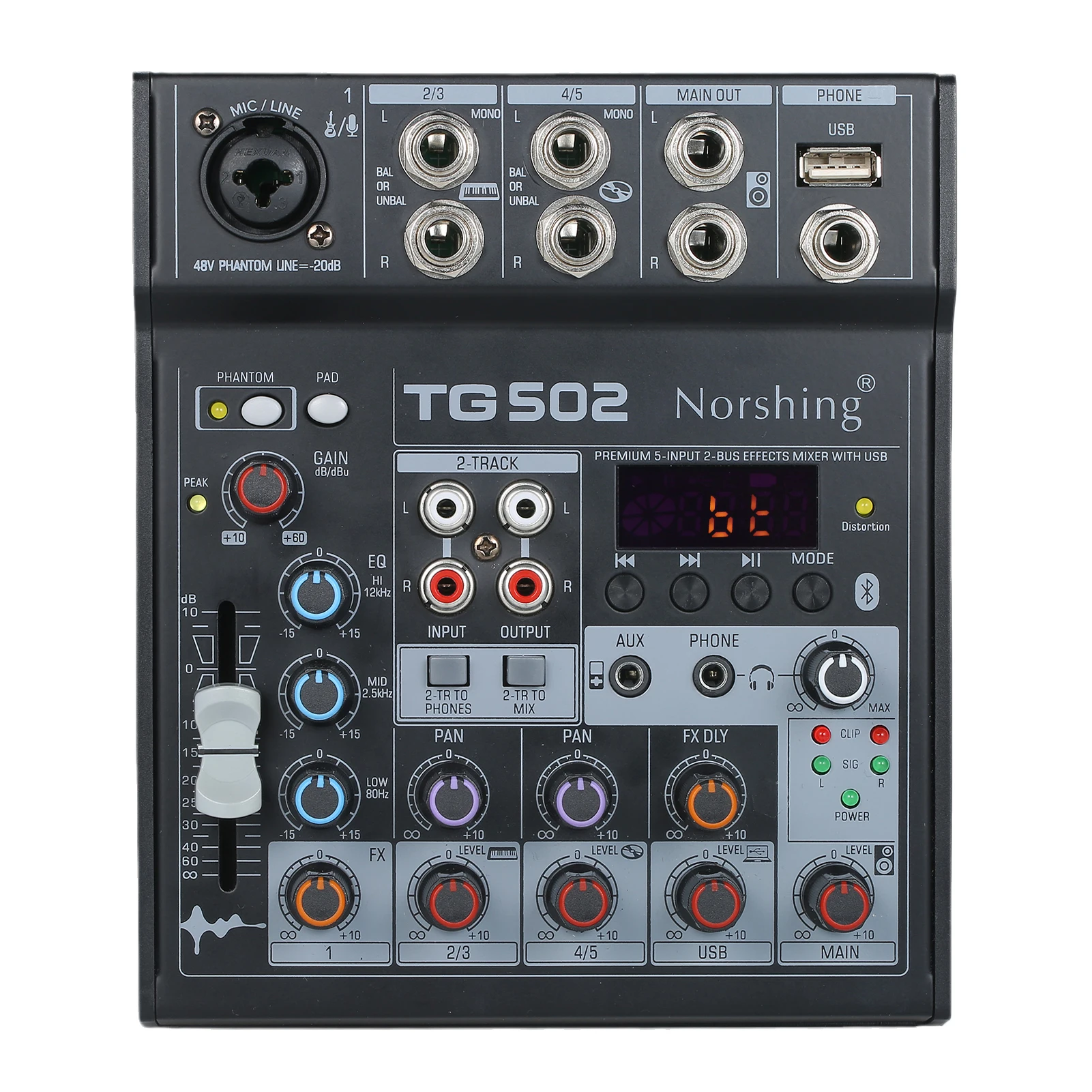 

Norshing TG 502 аудио микшер 4-канальный стерео звуковая панель консоль 48 В фантомное питание FX Эффект Цифровой аудиосигнал процессор