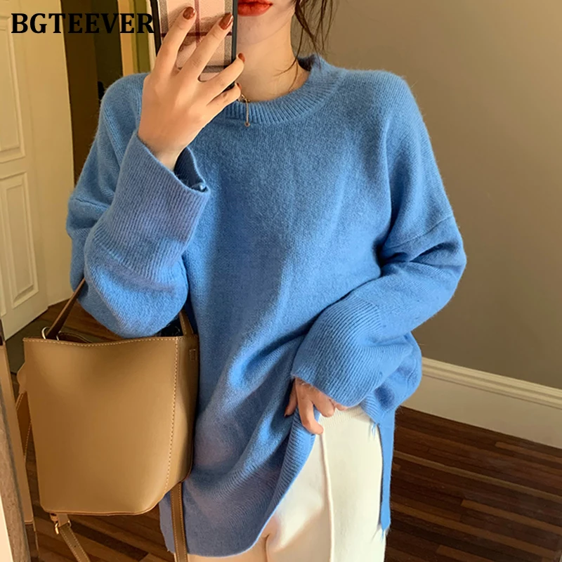 BGTEEVER Loose O-neck Women Sweaters Side-split Knitted Pullovers Female Winter Soft Knitting Jumpers Tops 2019 pull femme |