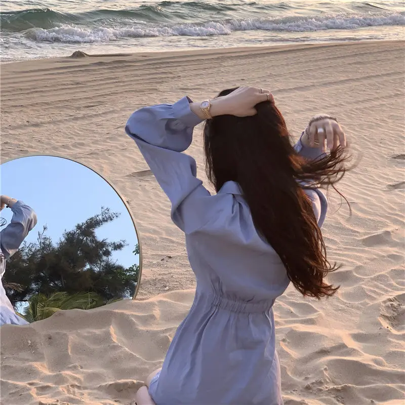 

Blue Tight Skirt Korean Waist Skirt New Thin Solid Color Versatile Tie Up Shirt Chinese Dress In Spring And Summer