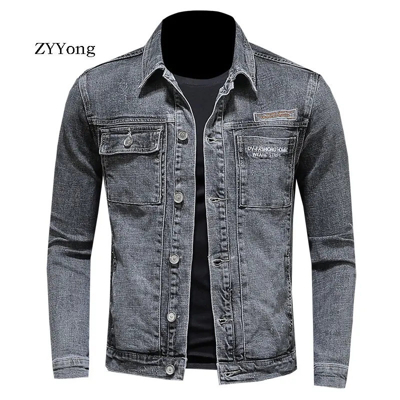 Spring European Style Cotton Bomber Pilot Gray Slim Denim Jacket Men Jean Coat Motorcycle Casual Youth Clothing Overcoat Outwear