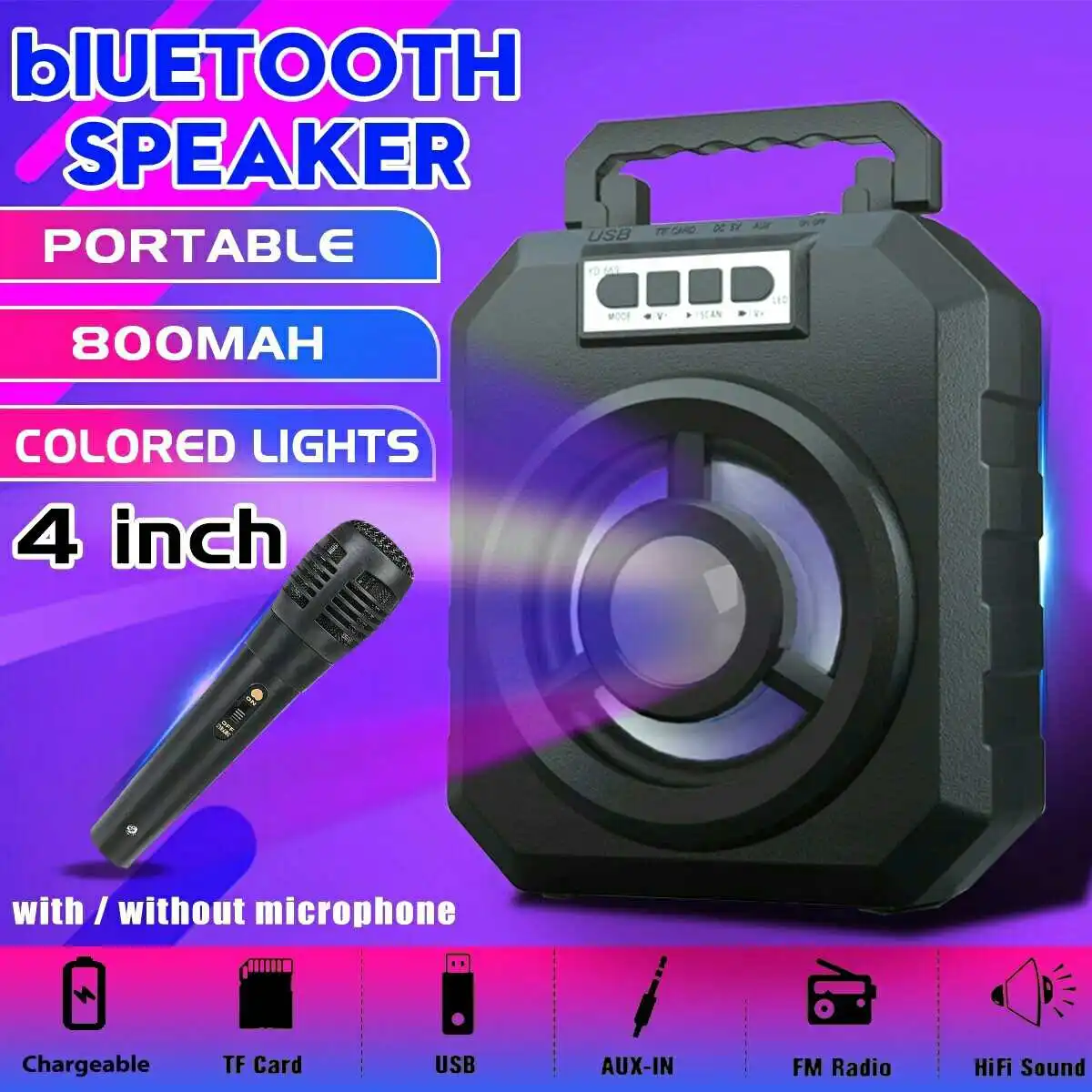 Bluetooth Колонка светодиодная портативная с поддержкой AUX FM TF карт|Портативные