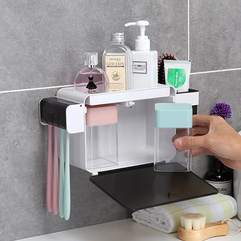 

Multifunctional Toothbrush Holder Plastic Storage Box With Cup Wall-mount Bathroom Accessorie