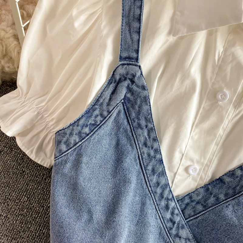 

2021 New Summer Autumn New Korean Academy Student Age Reduce Fashion Denim Vest Top + Shirt Dress 2 Piece Sets Womens Outfits