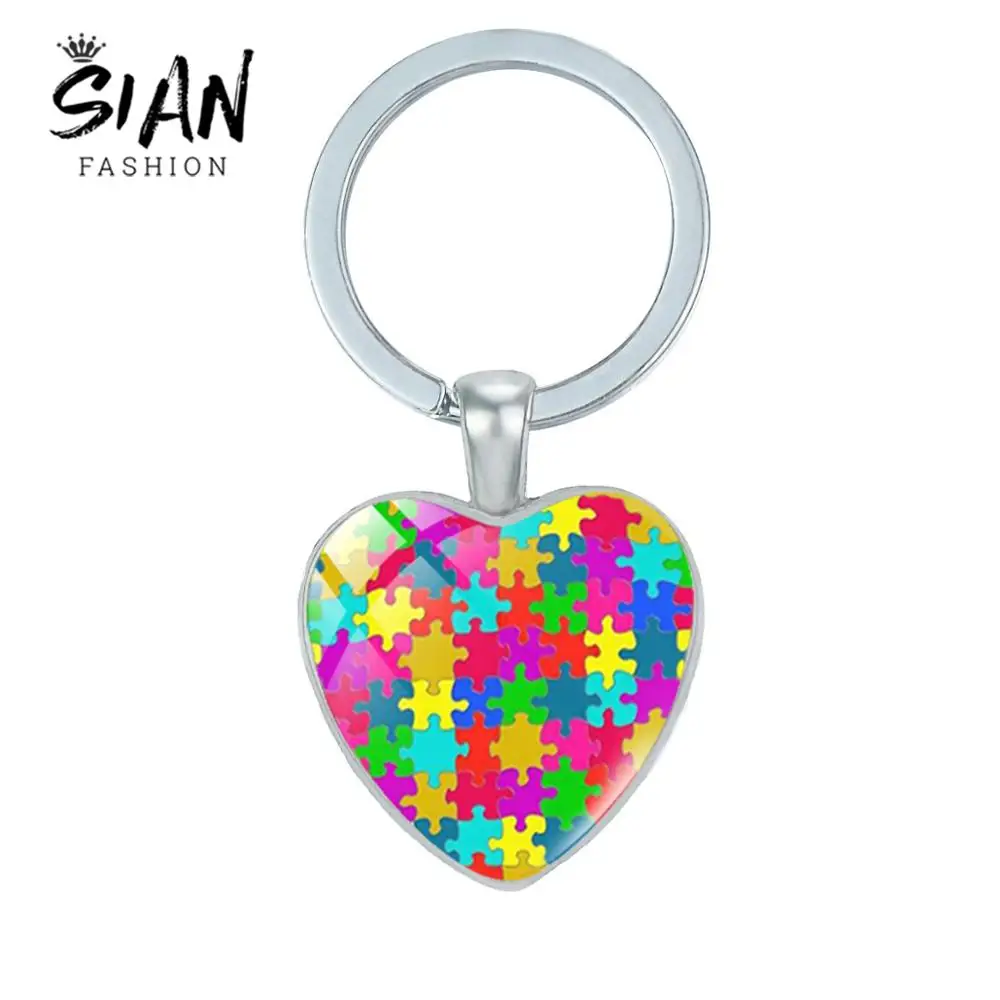 

SIAN Classic Jigsaw Puzzle Piece Photo Keychain Glass Cabochon Bronze Silver Plated Llaveros Autism Awareness Autistic Key Rings