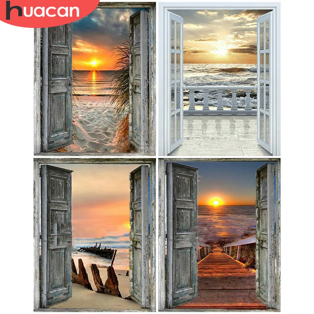 

HUACAN Diamond Painting Landscape Door Rhinestone Picture Cross Stitch Seaside 5D DIY Diamond Embroidery Sunset Home Decoration