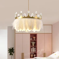 modern crown crystal feather pendant lamp princess room led ceiling chandelier lighting bedroom dining room loft hanging lamps