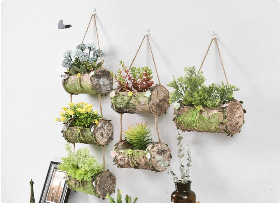 Household Wall Hanging Flower Pot Natural Bark Flower Pot Handmade Hemp Rope Bow Vertical Flower Pot Creative Wall Decoration
