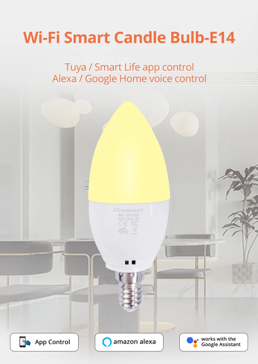 E14 WiFi Smart LED Candle Light Bulb RGBCW Dimmable Lamp 5W Work with Tuya Smart