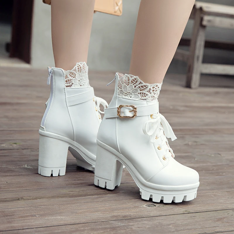 Женские ботильоны черного цвета на платформе 10 см размера плюс 34 43 шнуровке весна