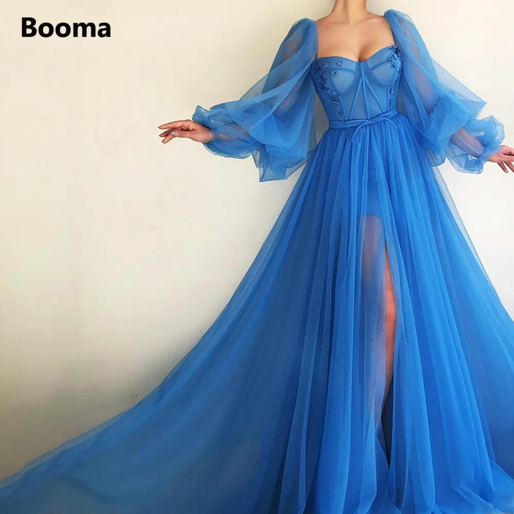 

Booma Simple Sweetheart Blue Tulle Prom Dresses Long Puff Sleeves High Slit Illusion Evening Dresses A-Line Formal Party Gowns