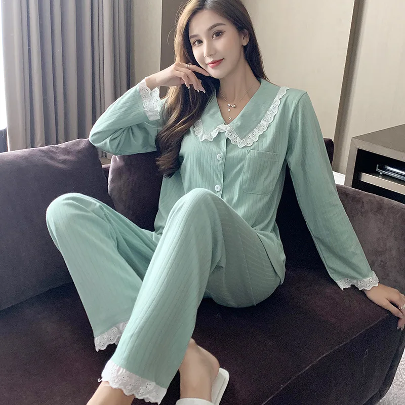 Women's Pajamas Sets Cotton Long Sleeve Autumn Thin Princess Style Fashion Sweet Casual Solid Color Household Clothes Sleep Tops
