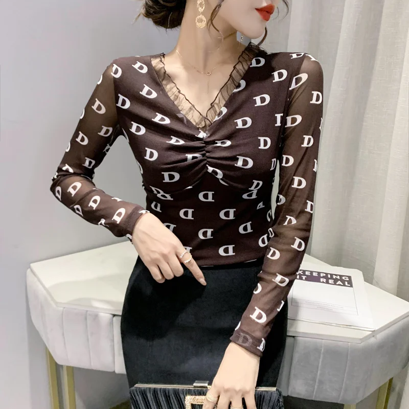 

Korean Mesh Women's Long-Sleeved T-shirt 2021 New Autumn Clothes Slimming Letter Underwear Blouse V-neck Sexy Western Style Top