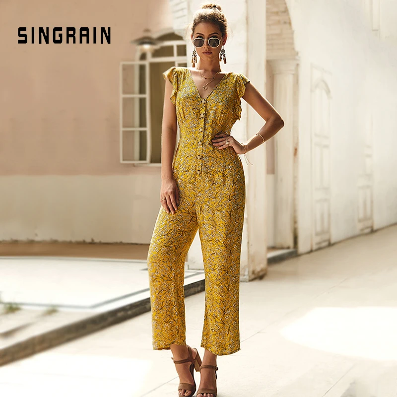 Женские шифоновые комбинезоны с цветочным принтом SINGRAIN длинные брюки v образным