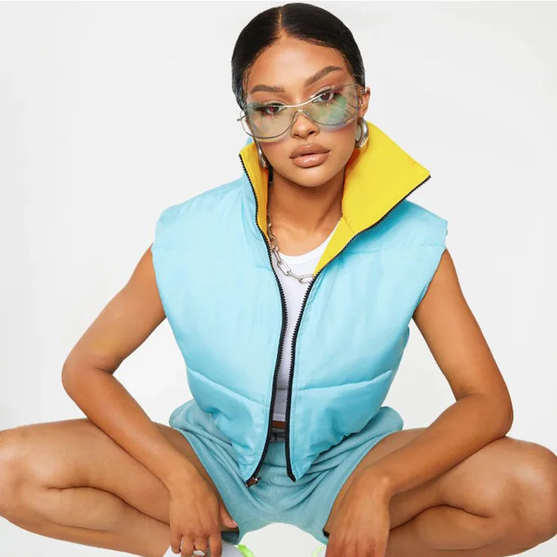 

2021 Autumn Trend Zip Coat On Both Sides Women's New Round Neck Sleeveless Navel Slim Warm Cotton Jacket Winter Clothes Women