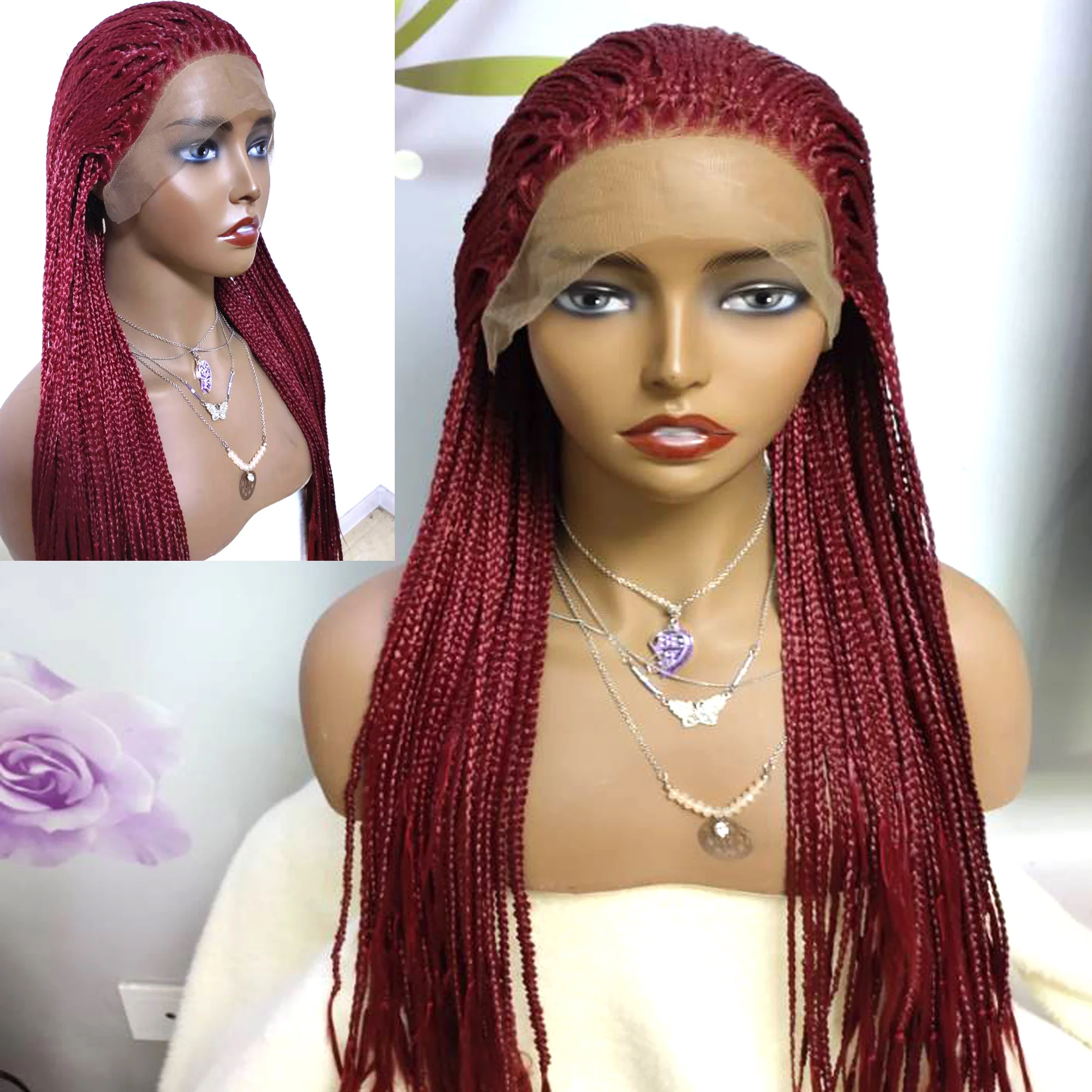 

Wine Red Preplucked 26 Inch Braided Straight Box Braids Cosplay Wig Free Part Synthetic Twist Braids Hair For Afro Black Women