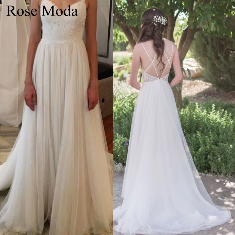 

Rose Moda V Neck Criss Cross Back Boho Wedding Dress with Lace Custom Make