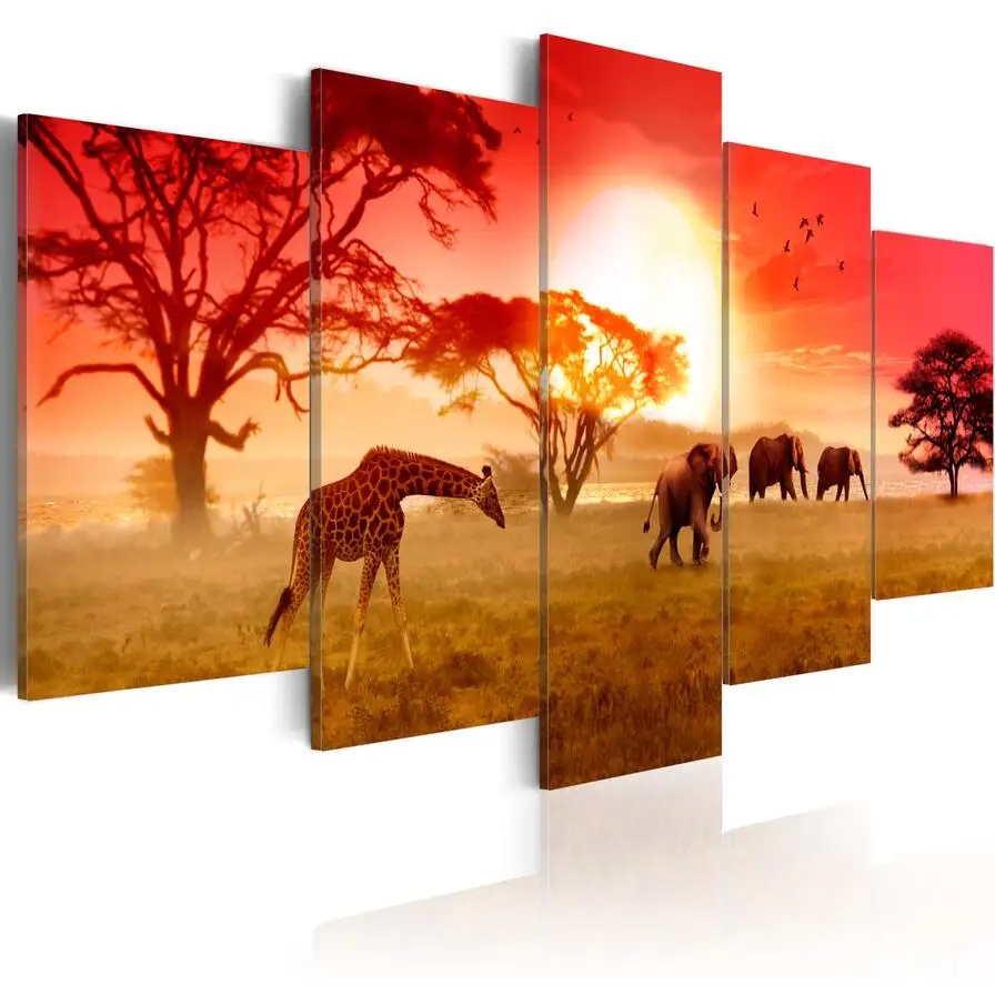 

No Framed Canvas 5Pcs African Animals Giraffes And Elephant Wall Art Posters Prints Pictures Paintings Home Decor Decorations
