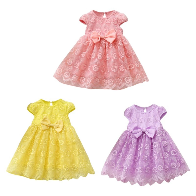 

Summer Casual Cute Dress Baby Girls Short Sleeve Dress With Bowknot Lace Kids Toddler Pageant Princess Mesh Sundress Costume