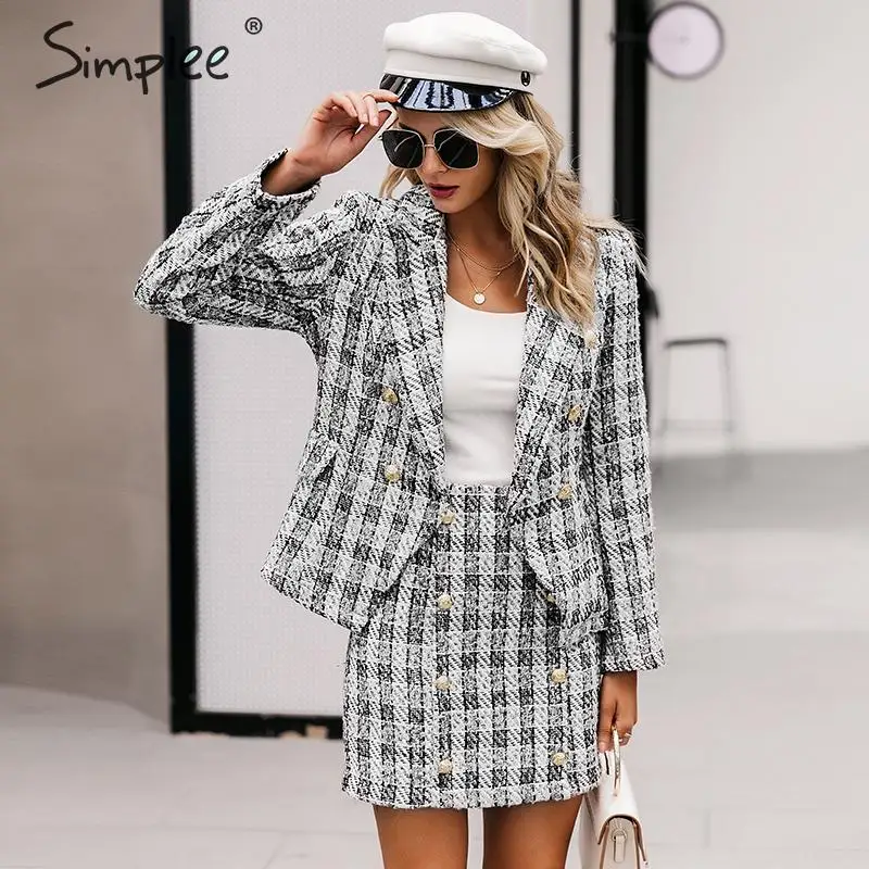 Simplee женский костюм юбка плед из двух частей Повседневная уличная одежда женский пиджак наборы Chic офисный женский пиджак костюм