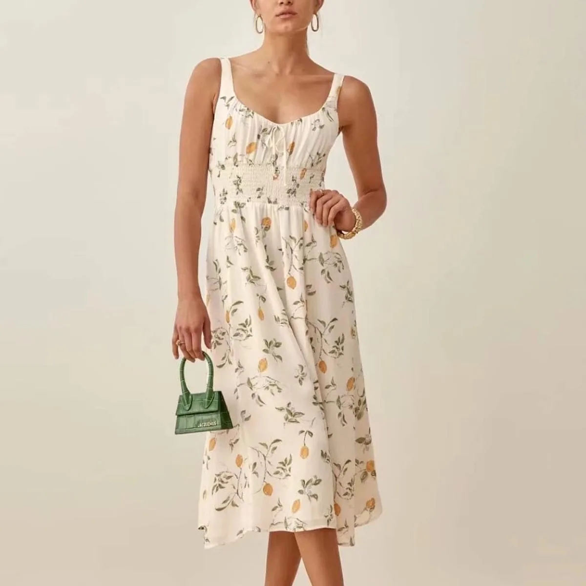 

2021 Summer Women's Sling V-Neck French Vintage Lemon Print Waist Dress DLQZ1208