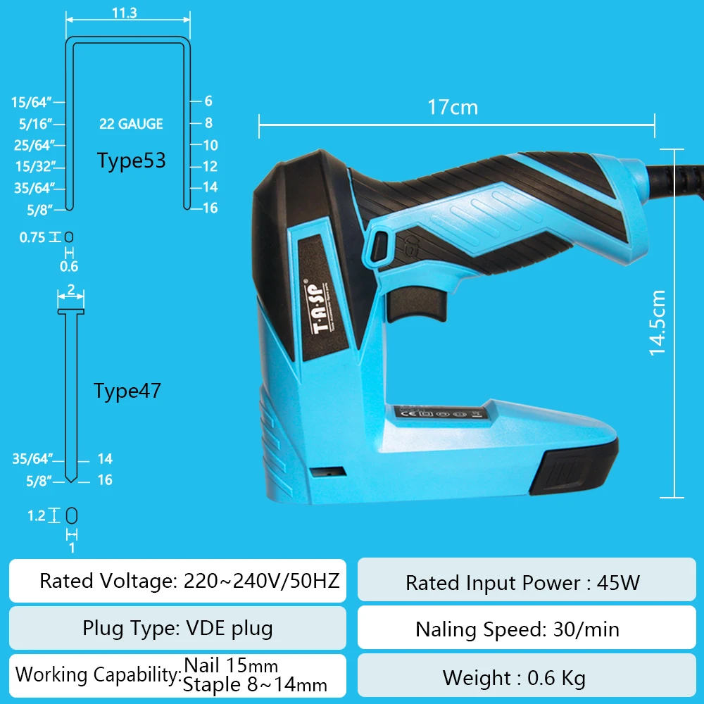 TASP-grapadora eléctrica de 230V para muebles, pistola de clavo de construcción, grapas y clavos de 14mm, herramientas eléctricas para tapicería del hogar, bricolaje