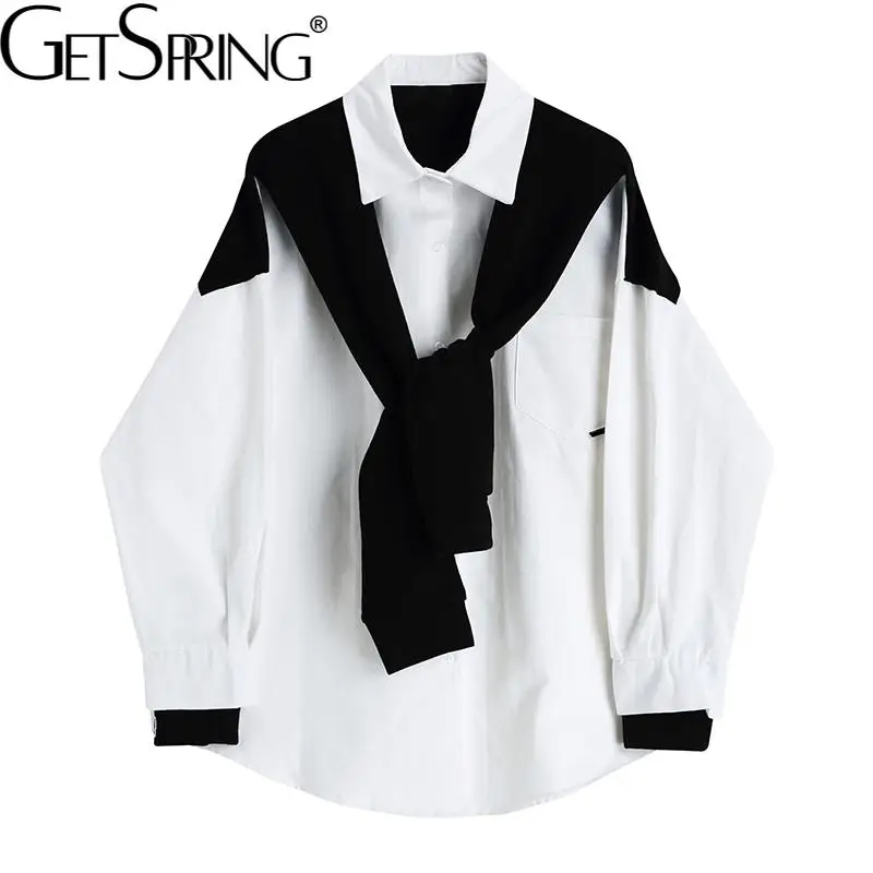 

Getspring Women Blouse Shirt Knitting Patchwork Color Matching Fake Two Female Blouses Asymmetry Long Sleeve Loose Tops 2021 New