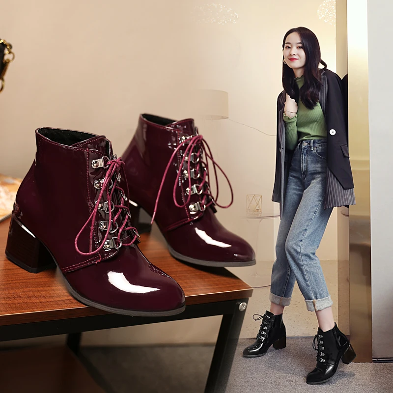 

2021 Women Ankle Boots Thick High Heel Cross Strap Zipper Shoes Round Toe Warm Boots Women Fashion Party Footwear Size 34-43