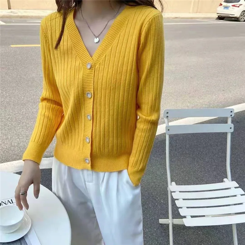 

Women V-neck Knitting Sweater Cardigan Autumn Fashion Long Sleeve Crop Top Female Elegant Slim Sweaters Solid Color Coat Womens