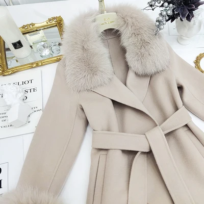 

Autumn and winter Pop fox fur wool double-faced mid-length waist slimming cashmere wool coat coat female Fox fur collar