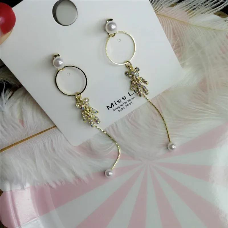 

Korean Style 925 Silver Needle Women's Mosaic Zircon Fashion Bear 2021 New Long-style Su-Bai Long Earrings Jewelry for Women