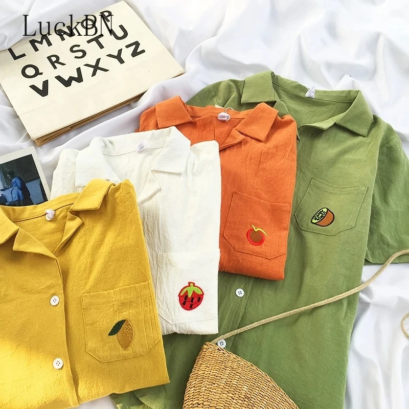 Рубашка с принтом фруктов топы корейские женские вышивкой Луны блузы