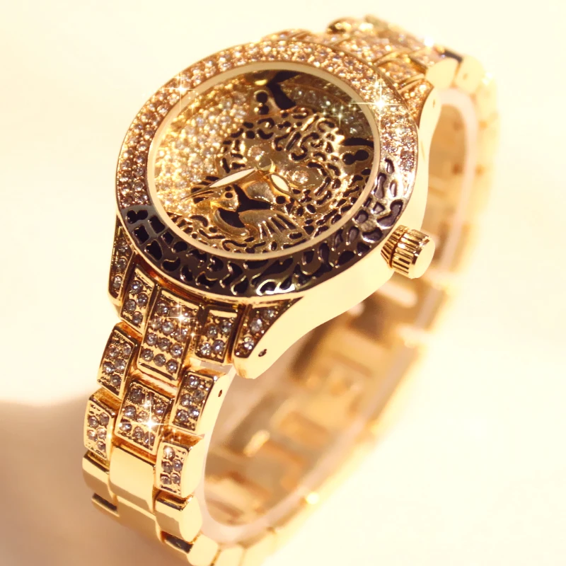 

BS Neue Diamant Frauen Uhr Strass Uhr Leopard Druck Madchen reloj mujer Luxus Edelstahl Gold Damen Handgelenk Uhren