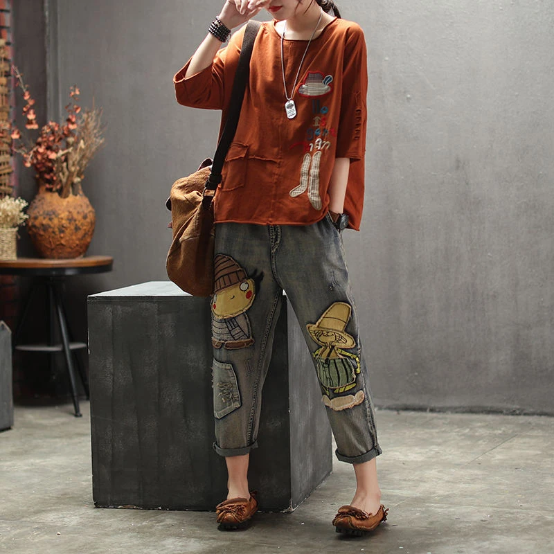 Женские хлопковые джинсы с эластичной талией лоскутные шаровары в стиле ретро